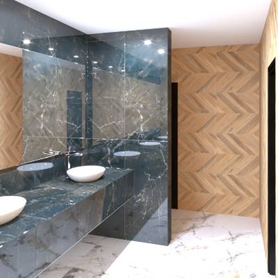 „Salon za uživanje — veliki ogledali, mermerne ploče i topao drveni zid koji daje eleganciju. 3D prikaz je sve dočarao do najsitnijeg detalja, tako da nas konačan rezultat nije iznenadio — samo oduševio!“