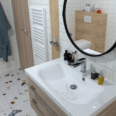 „Kompaktan prostor, ali pun stila — drveni panel iza WC-a, okruglo ogledalo i šareni pod odmah su nam privukli pažnju na 3D prikazu. Znali smo da će to biti to. I stvarno, svaki detalj je ispao baš kako treba!“