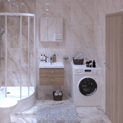 „Kompaktan, ali savršeno iskorišćen prostor — tuš u staklu, veš mašina s korpom, ogledalo sa policom i mermerna pozadina koja sve podiže. 3D prikaz nam je omogućio da sve isplaniramo bez greške — i baš tako je i realizovano!“