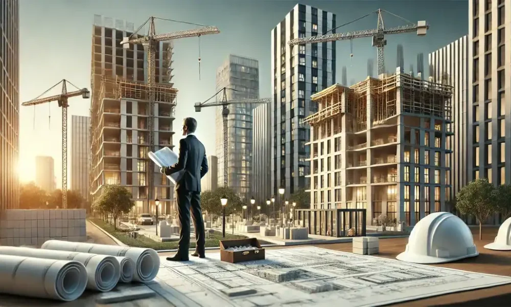 DALL·E 2024-10-27 09.49.54 - Hero section image for a landing page featuring Italian ceramic tiles for architects and investors. The setting is a modern construction site with hig